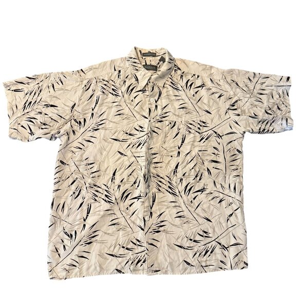 Van Heusen Washable Silk Hawaiian Shirt L Leaf Print Beige Black Short Sleeve - Picture 1 of 9